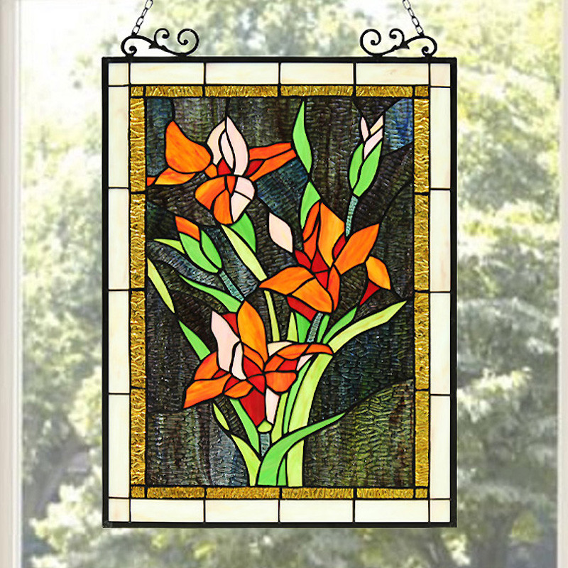 Arts and Crafts Lilies Stained Glass Panel Backlit