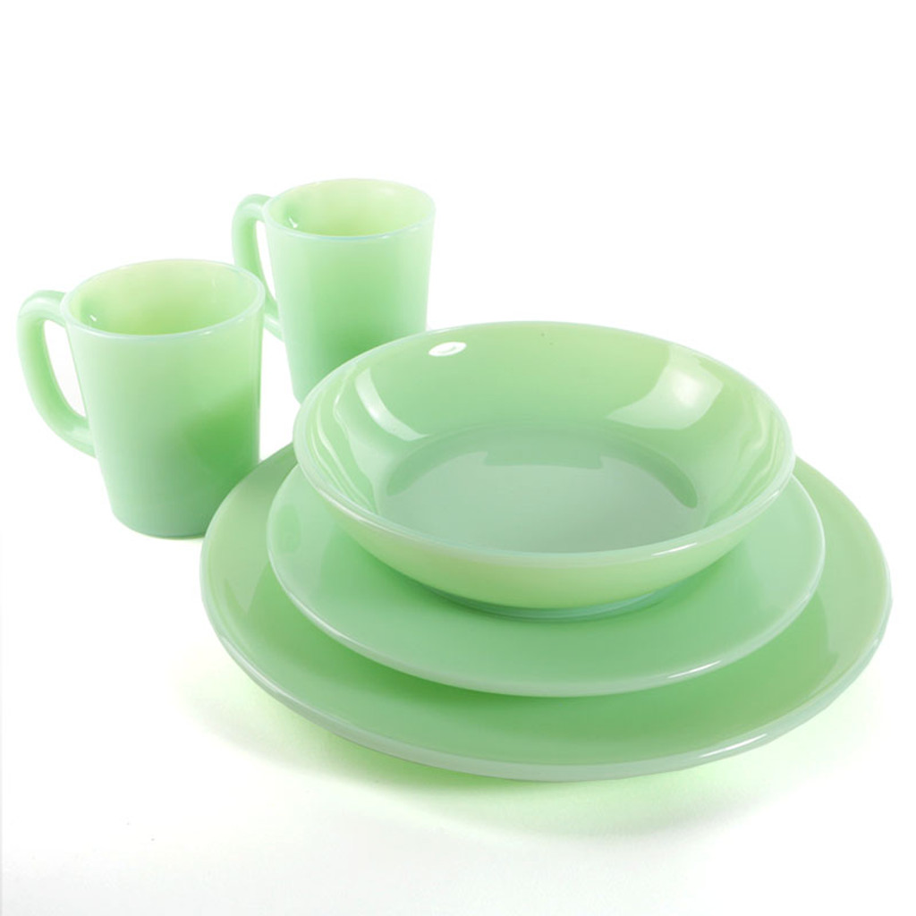  Mosser Glass Dinnerware 3-Piece Set with Shallow Bowl - Jadeite With mugs