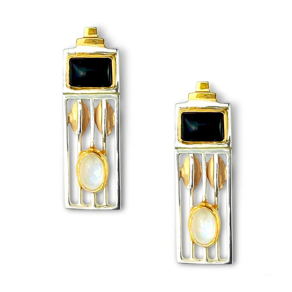 Art & Design Josef Hoffman Silver Earrings with Black Onyx & Moonstone