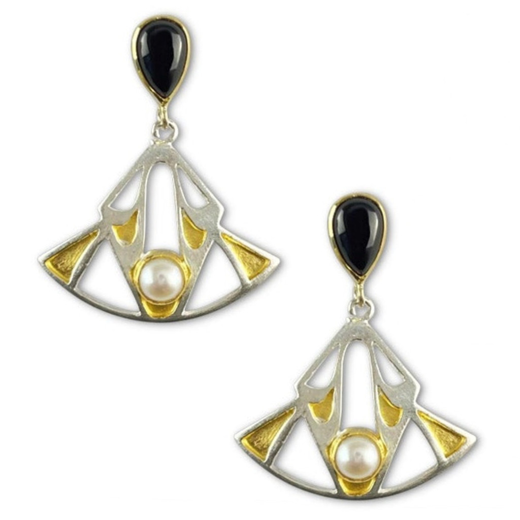 Art Deco Black Onyx and Pearl Silver Earrings