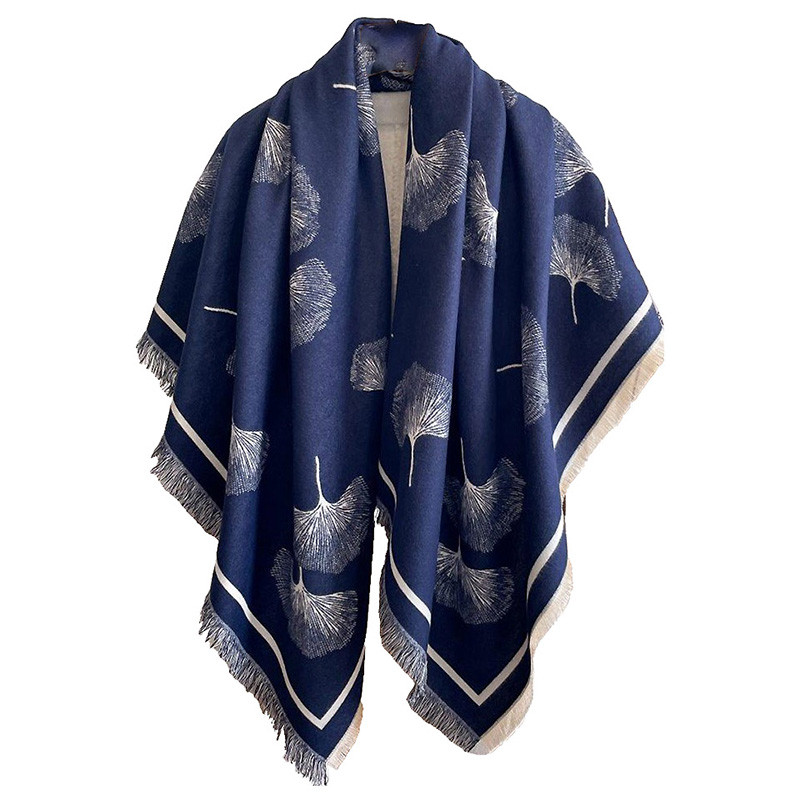 Ginkgo Square Reversible Navy & Cream Shawl Wrap