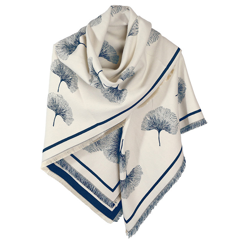 Ginkgo Square Reversible Navy & Cream Shawl Wrap