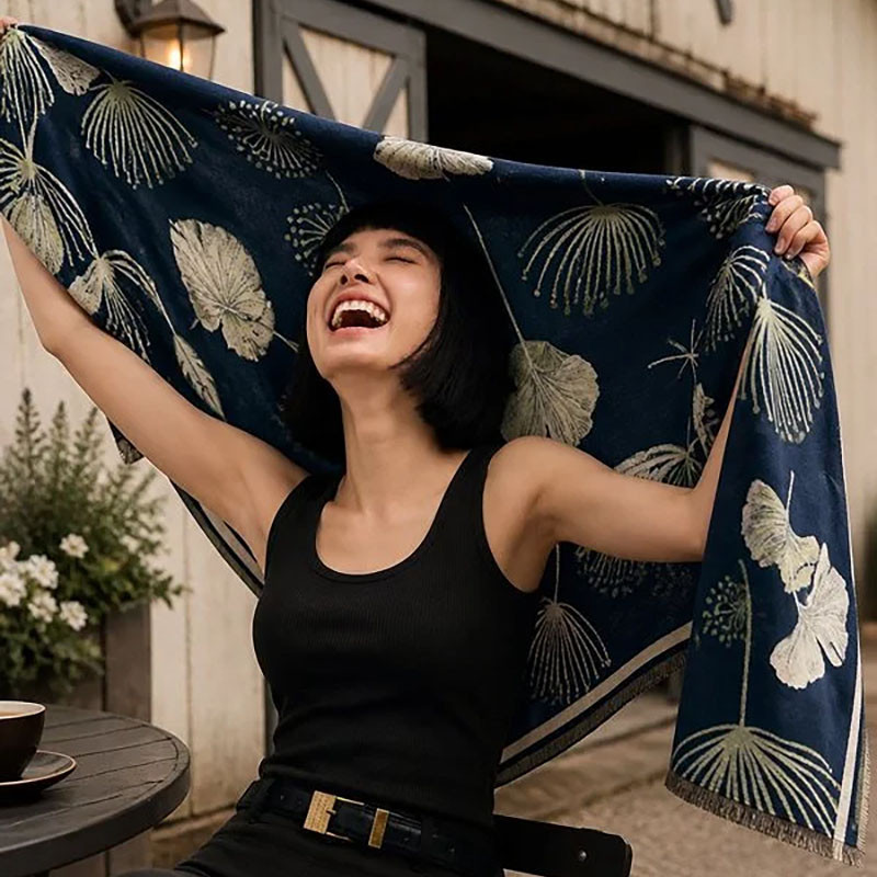 Ginkgo Square Reversible Navy & Cream Shawl Wrap