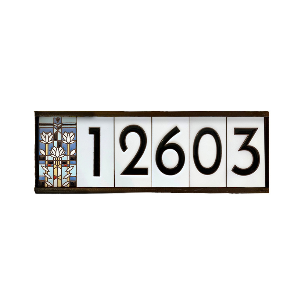 Frank Lloyd Wright Framed White Tile House Numbers With Waterlilies Cap Tile