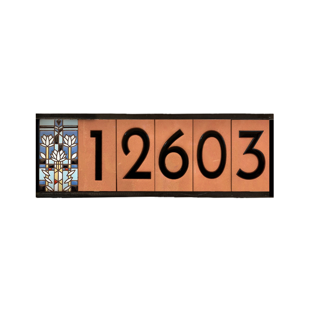 Frank Lloyd Wright Framed Terracotta Tile House Numbers With Waterlilies Cap Tile
