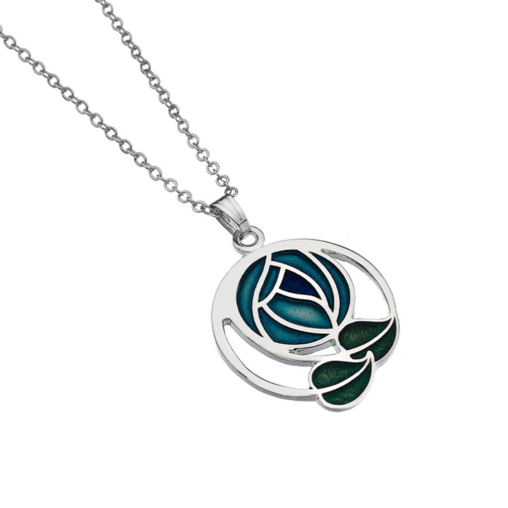 Mackintosh Rose and Coiled Leaves Pendant Necklace
