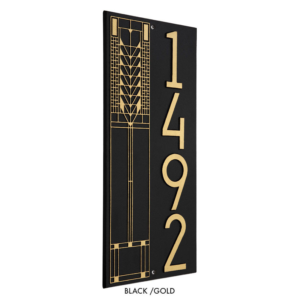 Frank Lloyd Wright Tree of Life Vertical House Number Plaque Black / Gold