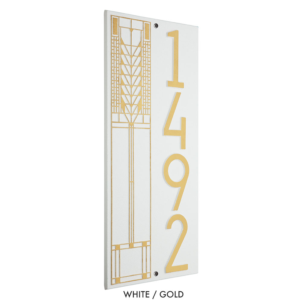 Frank Lloyd Wright Tree of Life Vertical House Number Plaque White / Gold