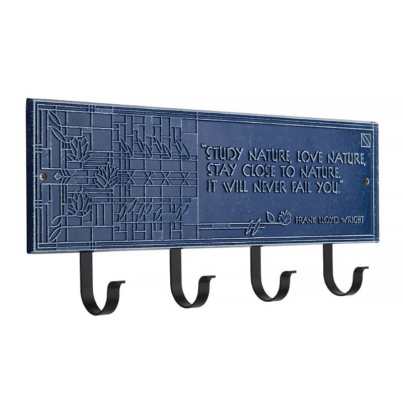 Frank Lloyd Wright Waterlilies 4-Hook Wall Plaque Dark Blue / White
