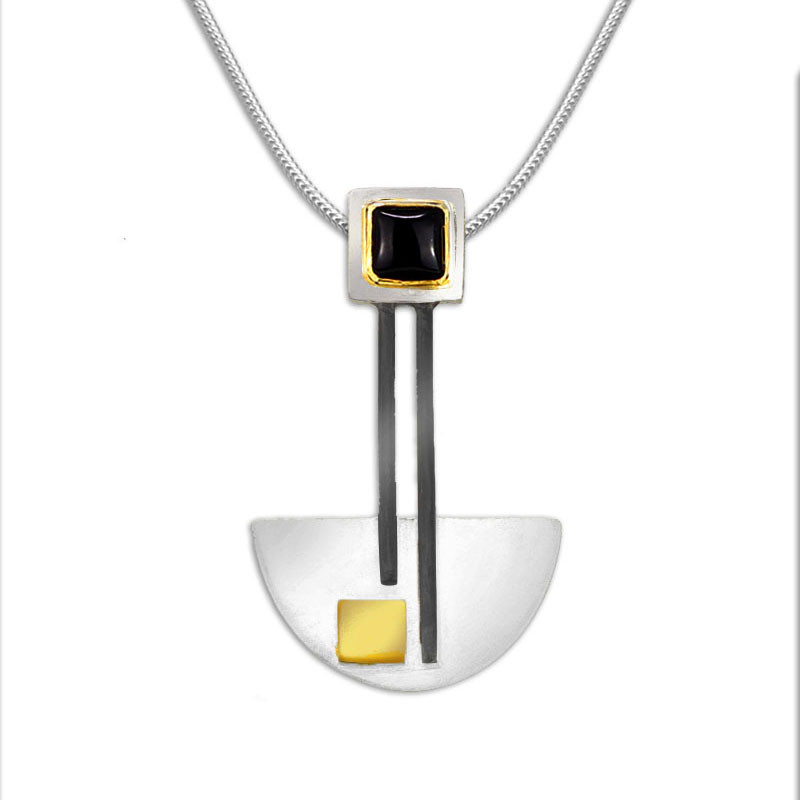 Bauhaus Silver and Black Onyx Pendant Necklace