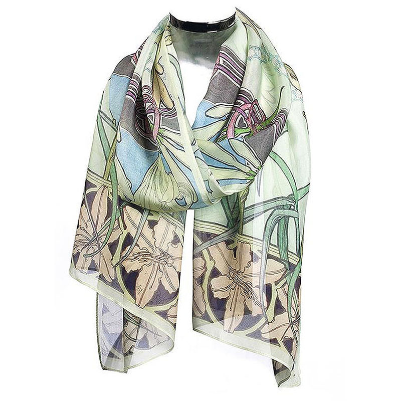 Art Nouveau Inspired Silk Scarf With Floral Pattern Print 