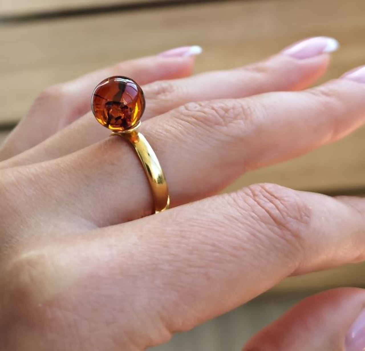 Adjustable Cognac Amber Ring in Gold Plated Sterling Silver