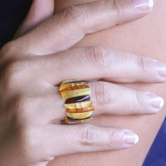Amber Stretch Ring Made of Multicolor Baltic Amber.