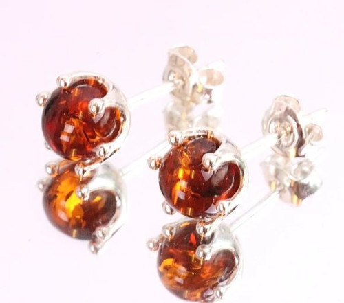 Amber Stud Earrings Made of Dark Cognac Baltic Amber