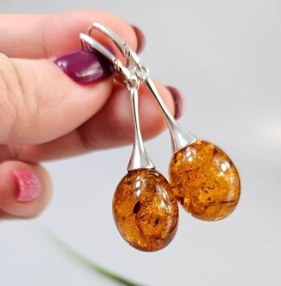Amber Drop Dangle Earrings Made of Cognac Color Amber