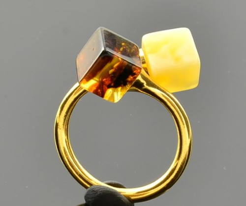 Adjustable Cognac Amber Ring in Gold Plated Sterling Silver.