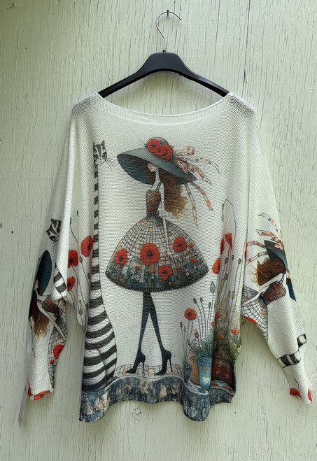 Striped Cat & Girl Print Italian Knit