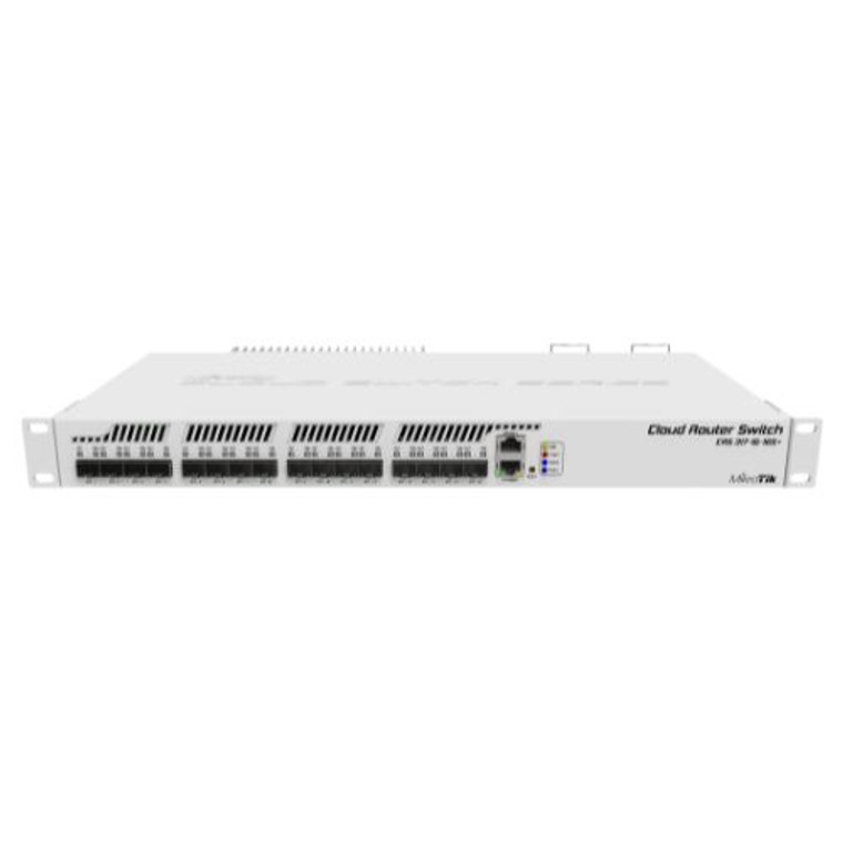 Mikrotik, Cloud Router Switch with 800MHz CPU, 1GB RAM, 1x Gigabit LAN, 16x SFP+ cages, RouterOS L6 or SwitchOS (dual boot), passive cooling, 1U rackmount, Dual redundant PSU, CRS317-1G-16S+RM