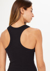 THE UPSIDE women's black Frankie Rib Tank is made from organic cotton elastane rib. This racer-back tank features a scooped hem at front and back and are designed for a regular fit.