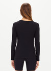 THE UPSIDE women's black Tammy Long Sleeve is a crew neck long sleeve in our soft baby rib fabrication and embroidered with our arrow logo at back neck.