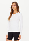 THE UPSIDE women's white Tammy Crew Neck Long Sleeve is made from a soft baby rib fabrication and is embroidered with an arrow logo at back neck.