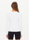 THE UPSIDE women's white Tammy Crew Neck Long Sleeve is made from a soft baby rib fabrication and is embroidered with an arrow logo at back neck.
