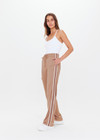 THE UPSIDE women’s mocha mid-rise Celeste Pant made with slinky fabrication features a relaxed straight leg fit, elasticated waist with drawcord and knitted stripe tape down side seams.