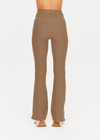 THE UPSIDE women's tan high-rise full length Peached Florence Flare pant made with Peached fabric features white stripe down side seam and split.