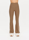 THE UPSIDE women's tan high-rise full length Peached Florence Flare pant made with Peached fabric features white stripe down side seam and split.