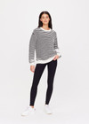 THE UPSIDE women's relaxed black and cream striped Boo Knit sweater is made from an organic combed cotton knit. This classic textured knitted sweater features soft rib cuffs, neck and hem with discreet folded arrow pip label at the cuff.