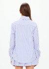 THE UPSIDE women's blue and white stripe Lyon Poem Collared Shirt is a classic, lightweight button up long sleeve shirt with a collar and front patch pocket.