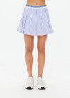 THE UPSIDE women's blue and white stripe Lyon Xavier Pleated Skirt is a pleated mini skirt with an elasticated stripe waistband, inner short with pockets and invisible side seam zipper opening.