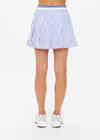 THE UPSIDE women's blue and white stripe Lyon Xavier Pleated Skirt is a pleated mini skirt with an elasticated stripe waistband, inner short with pockets and invisible side seam zipper opening.