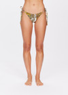 THE UPSIDE women's geo paisley print Vadella Alba Tie Side Pant is made from a soft recycled fabric. The mid coverage bikini bottom feature ties at the sides and metal coated aglets at the tie ends.