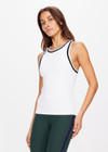 THE UPSIDE women's white Kirsty Rib Tank Top is made in recycled moisture wicking ribbed fabrication. The performance tank features a stylish stripped rib on the neckband and armholes. Designed for tennis.