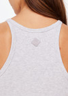THE UPSIDE women's grey Asher Racerback Tank Top is made from organic cotton. The tank is fitted with a racerback shape and higher neckline with neck and armhole binds for comfort and style. Designed for yoga.
