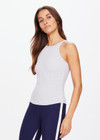 THE UPSIDE women's grey Asher Racerback Tank Top is made from organic cotton. The tank is fitted with a racerback shape and higher neckline with neck and armhole binds for comfort and style. Designed for yoga.