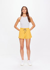 THE UPSIDE women's yellow Dunes Era Short is made from recycled fabric for a quick drying and 4 way stretch effect, with an internal mesh brief. The run short features an elasticated waistband and side seam pockets along with a back patch pocket. Designed for running.