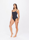 THE UPSIDE women's navy Caleta Lara Onepiece is made from specialty fabric with gold lurex and features a square neckline with scoop back, rouleau straps and is unlined.