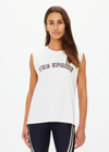 THE UPSIDE women's creme Estelle Tank is made from organic cotton. The relaxed muscle tank features a rib neckline and mesh embroidery. Designed to wear with your essentials.