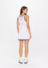 THE UPSIDE women's white Elsa Crochet Mini Dress is hand crocheted in organic cotton. The mini dress features a scoop neck and high back with sky blue detailing framed in navy. Designed for leisure and recovery.