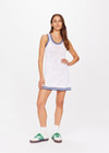 THE UPSIDE women's white Elsa Crochet Mini Dress is hand crocheted in organic cotton. The mini dress features a scoop neck and high back with sky blue detailing framed in navy. Designed for leisure and recovery.