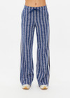 THE UPSIDE women's blue striped Joie Jetset Straight Leg Pant is made from a blue and cream cotton blend. The straight leg pant is styled with a knitted stripe tape down side seams and tonal arrow on the back pocket, they feature front and back pockets and elastic waist with drawcord for practicality. Designed for recovery and leisure.