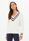 THE UPSIDE women's white Josette V Neck cable knit Sweater is made from 100% organic cotton. It features a v shaped neckline, ribbed contrast navy stripes cuffs, hem and neckline.