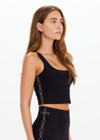 THE UPSIDE women's black Saloon Elyse crop top, made from recycled soft peached, features a square neck crop and an internal shelf bra with removable cups.