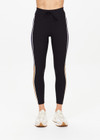 THE UPSIDE women's black Revolver 25 inch Midi Pant is made from recycled rib. The mid rise legging features drawstring at waist. Designed for the gym and high impact exercise.