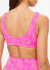 THE UPSIDE women's pink Nevada Scoop Neck Jasmine Bra is made from specialty fabric. The scoop neck sports bra features removable cups. Designed for yoga.