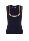 THE UPSIDE women's navy Joey Knit Tank Top is made from an organic cotton blend fabric and features a scoop neck and contrast tan and butter yellow stripes.