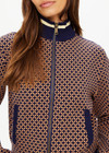 THE UPSIDE women's beige and navy geometric print Crossroad Margot Knit slim fit Jacket is made with an organic cotton jacquard and feature front welt pockets.