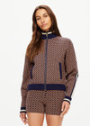 THE UPSIDE women's beige and navy geometric print Crossroad Margot Knit slim fit Jacket is made with an organic cotton jacquard and feature front welt pockets.